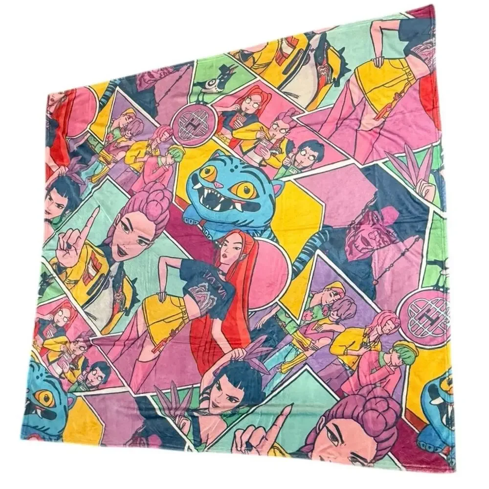 KPop Demon Hunters Throw Blanket 51x57 Rumi Mira Zoey Jinu Derpy Plush